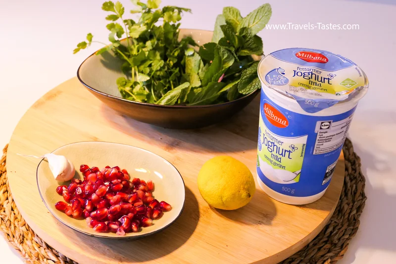 Ingredients for Mint & Coriander Yogurt dip with pomegranate
