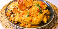 Persian saffron braised chicken with jewelled polow rice