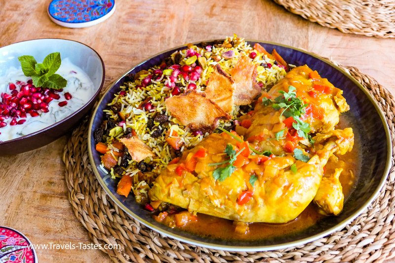 Persian saffron braised chicken with jewelled polow rice