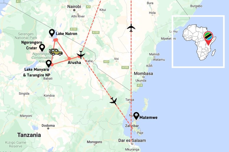 Our Tanzania & Zanzibar trip route
